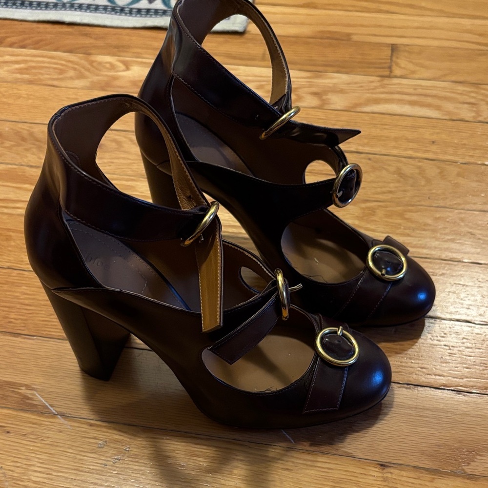 Chloe Dark Brown Heeled Sandals with Gold Accents